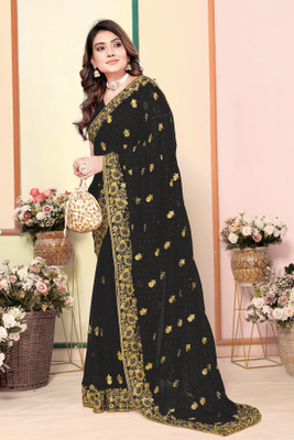 CHAMUNDA CREATION Embroidered Bollywood Georgette Saree(Black)
