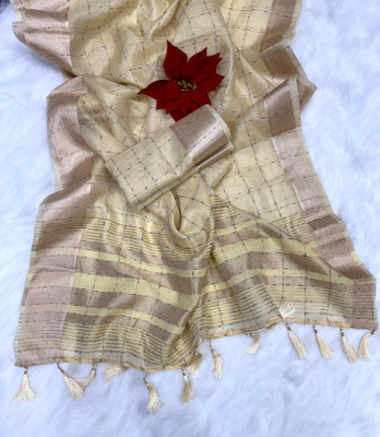 RADHYA DESGINER Self Design Bollywood Tissue Saree(Beige)