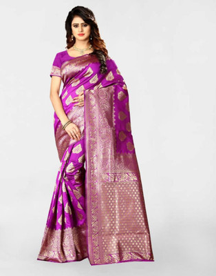 Samah Woven, Embellished, Self Design Banarasi Silk Blend, Jacquard Saree(Magenta, Gold)