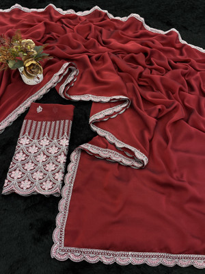saanvi Solid/Plain, Embroidered Bollywood Art Silk Saree(Maroon)