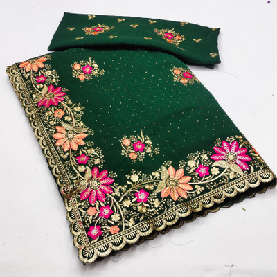 MIYANIFAB Embroidered Bollywood Georgette Saree(Green)