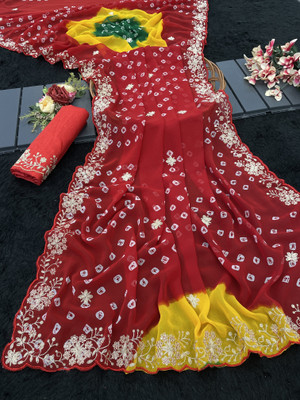 ASTEYAM Embroidered Bandhani Georgette Saree(Red, Multicolor)