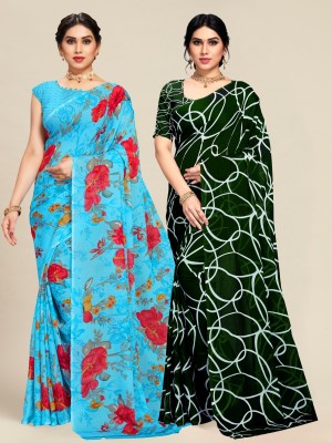 Manokamna Geometric Print Daily Wear Georgette Saree(Pack of 2, Light Blue)