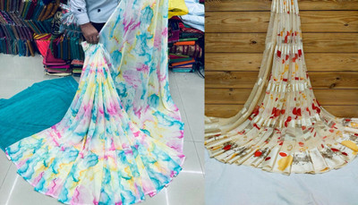 Sanjana Silk Printed Bollywood Georgette Saree(Pack of 2, Blue, Cream)