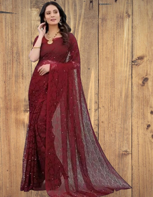 SwiftStyle Solid/Plain Bollywood Net Saree(Maroon)