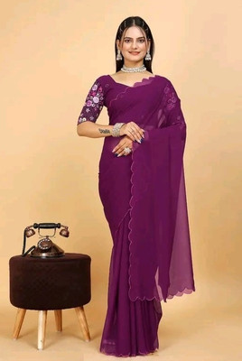 PIYA DESIGNER Solid/Plain Madhubani Georgette Saree(Purple)