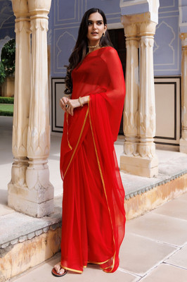 LIME Solid/Plain Saree with Attached Blouse Chiffon Saree(Red)
