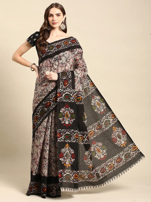 RATAN Printed Daily Wear Pure Cotton Saree(Black)