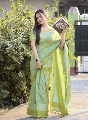 NIVACREATIONS Woven Mekhela Chador Silk Blend Saree(Light Green)