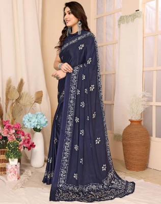 Soor Panchi Digital Print Bollywood Tussar Silk Saree(Dark Blue, Silver)