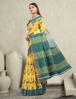 Mervadiya Printed Kanjivaram Pure Cotton, Chanderi Saree(Yellow)