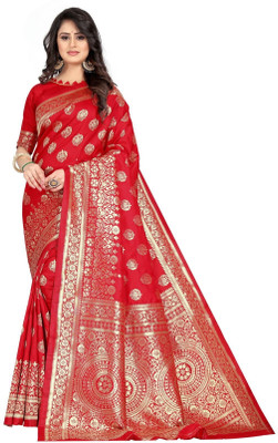 mahakay Woven Banarasi Silk Blend, Jacquard Saree(Red)