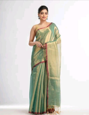Balika bodhu Solid/Plain Handloom Tissue Saree(Green)
