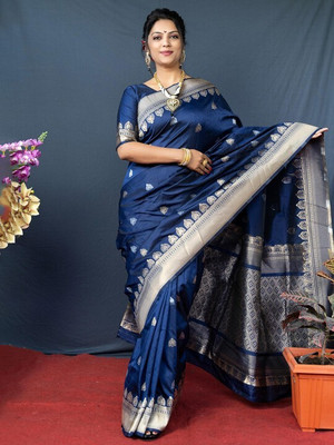 womensaree Woven Kanjivaram Pure Silk Saree(Blue)