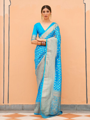 odette Woven Saree with Attached Blouse Silk Blend Saree(Blue)