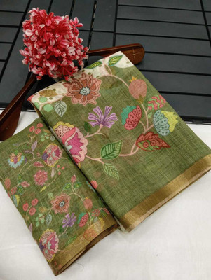 AARAANA Floral Print Kanjivaram Linen, Cotton Linen Saree(Cream)