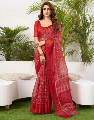 Anmi Printed, Striped Daily Wear Cotton Blend Saree(Red, White)
