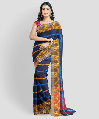 PRIDE SALES Woven, Hand Painted, Floral Print Handloom Cotton Linen, Cotton Blend Saree(Blue)