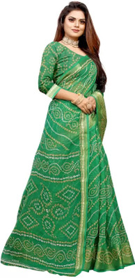 Suali Digital Print Bandhani Cotton Silk Saree(Dark Green)