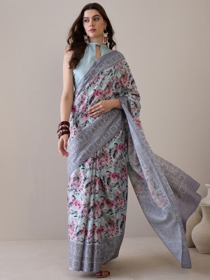 Sareemall Printed Daily Wear Silk Blend Saree(Light Blue, Grey)