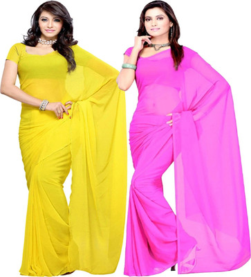 FANCYNINE Self Design Daily Wear Georgette Saree(Pack of 2, Pink, Yellow)