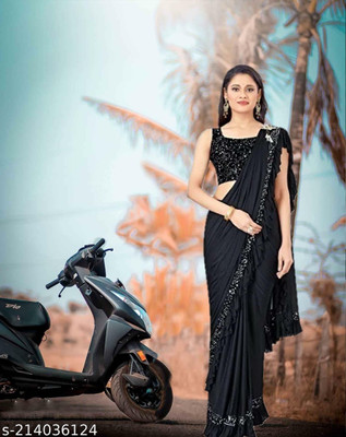 PLEXSTAR Solid/Plain Bollywood Lycra Blend Saree(Black)