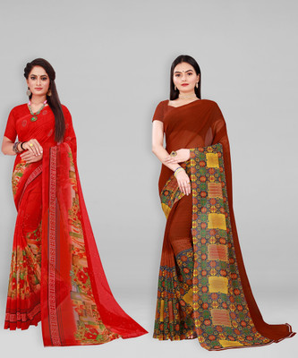 Divastri Printed Bollywood Georgette Saree(Pack of 2, Gold)