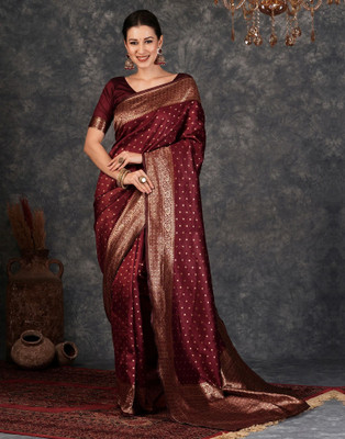 Samah Woven Banarasi Silk Blend, Jacquard Saree(Brown, Gold)