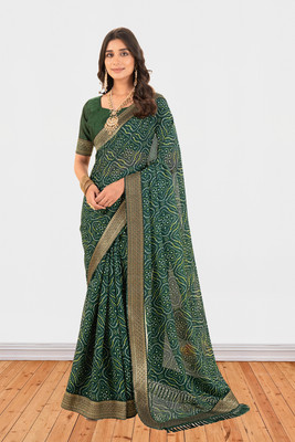 VUFII Geometric Print Bandhani Georgette Saree(Green)