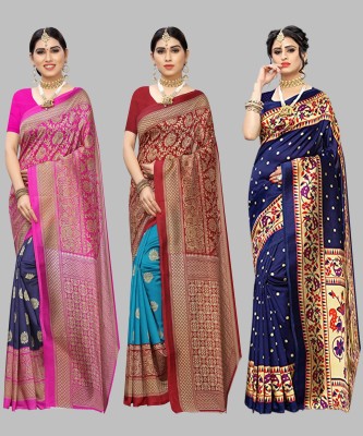 YASHIKA Printed Bollywood Art Silk Saree(Pack of 3, Dark Blue)