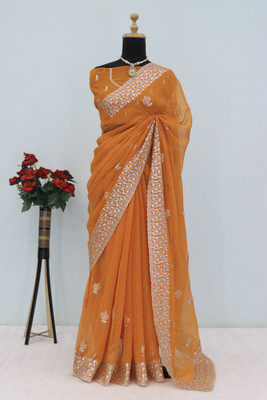 RIDDHISIDDHI NX Embroidered Bollywood Organza Saree(Orange)