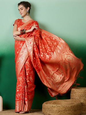 Sangria Woven Banarasi Jacquard Saree(Orange)