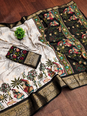 SHRIMORI Printed Bollywood Viscose Rayon Saree(Black)