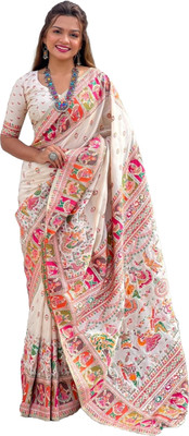 Tasrika Woven Paithani Silk Blend Saree(White)