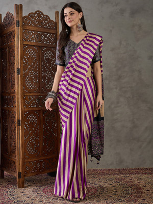 HouseOfCommon Striped, Digital Print Bollywood Silk Blend Saree(Purple, Cream)