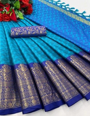 VRINDITA FASHION Woven Kanjivaram Cotton Silk Saree(Light Blue)