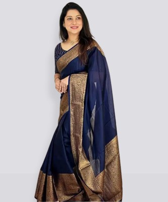 HAVIDA SAREES Woven Kanjivaram Silk Blend, Pure Silk Saree(Dark Blue)