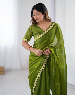 Tasrika Solid/Plain, Embroidered Bollywood Lace, Tissue Saree(Green)