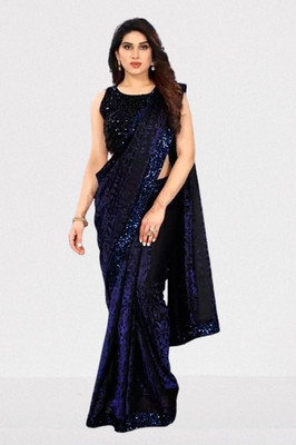 Vragi Floral Print Bollywood Lycra Blend Saree(Blue)