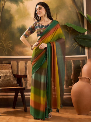 Vichitra Solid/Plain Bollywood Silk Blend Saree(Dark Green)