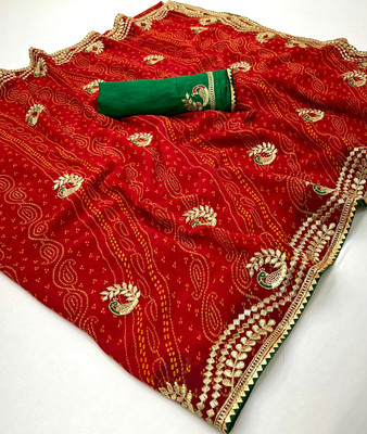 2SD gratitude Printed, Embroidered, Self Design Bandhani Georgette Saree(Red)