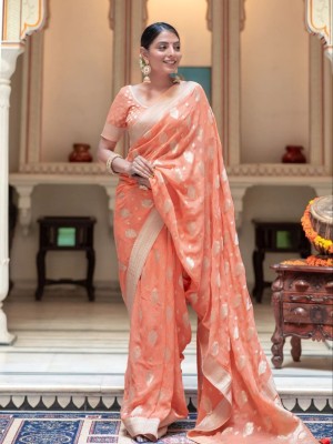 MEENAKSHI FASHION Embellished Kanjivaram Silk Blend Saree(Orange)