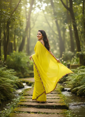 Sareez House Solid/Plain Bollywood Chiffon Saree(Yellow)