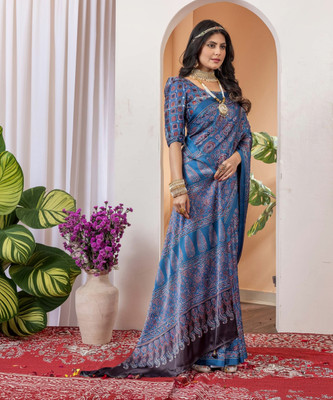 Sareemall Printed Hand Batik Crepe Saree(Blue)