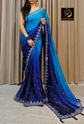 TopJec Self Design Bollywood Jimmy choo Saree(Light Blue, Dark Blue)