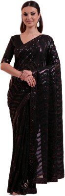 Dwiza Enterprise Self Design, Embellished, Embroidered, Printed Bollywood Georgette Saree(Black, Maroon)