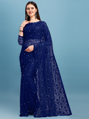 LOROFY Self Design Lucknow Chikankari Net Saree(Blue)