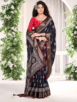 Sareemall Printed Daily Wear Silk Blend Saree(Black)