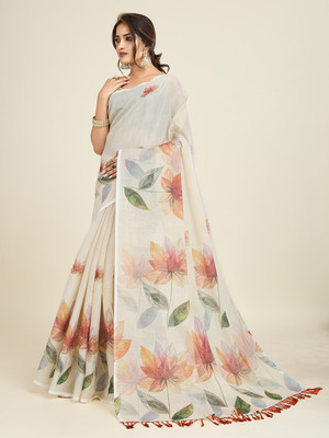 SHANVIKA Printed Daily Wear Linen Saree(Beige)