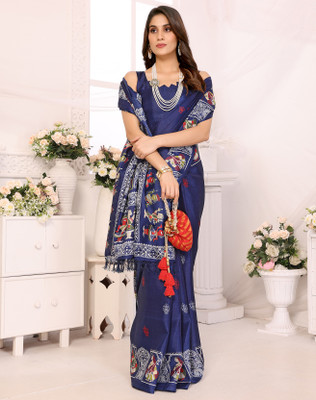 YASHIKA Printed Hand Batik Art Silk Saree(Blue)